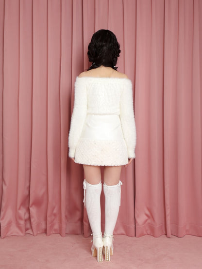 Ribbon off shoulder shaggy knit tops (eme10525)