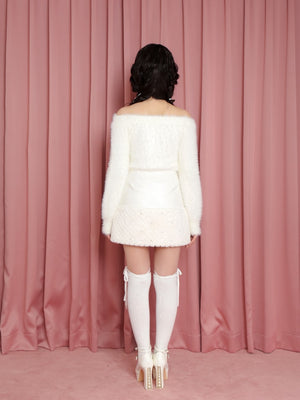 Ribbon off shoulder shaggy knit tops (eme10525)