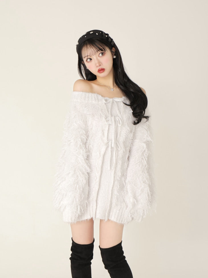 M.me.eme エムミーエメ　クラシカルリブニットミニワンピース ホワイト SALE】Fringe knit minionepiece(eme10534) – M me eme