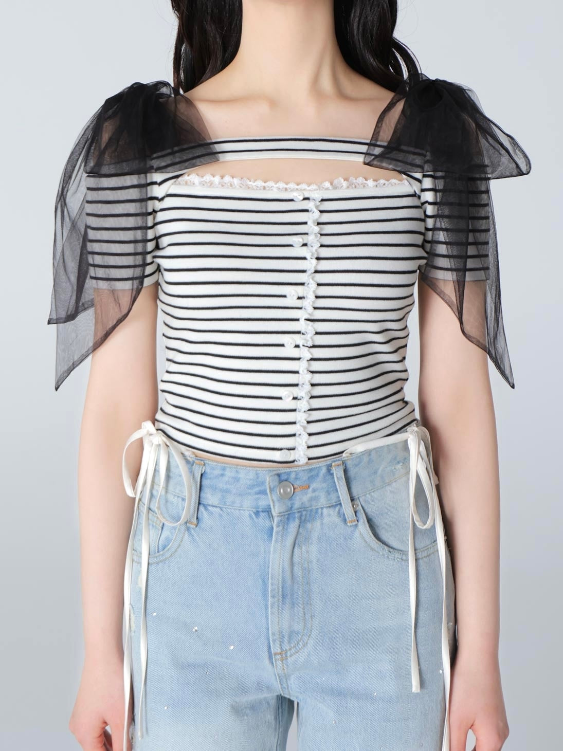 Decollete cut tulle ribbon tops(eme10398)