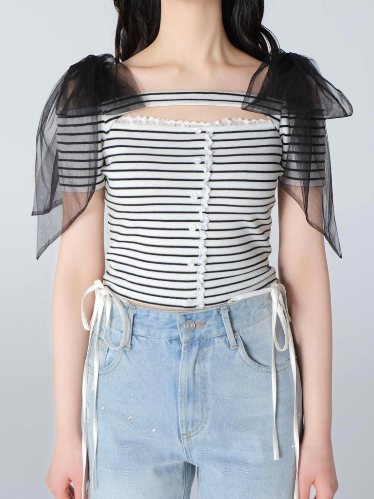 Decollete cut tulle ribbon tops(eme10398)