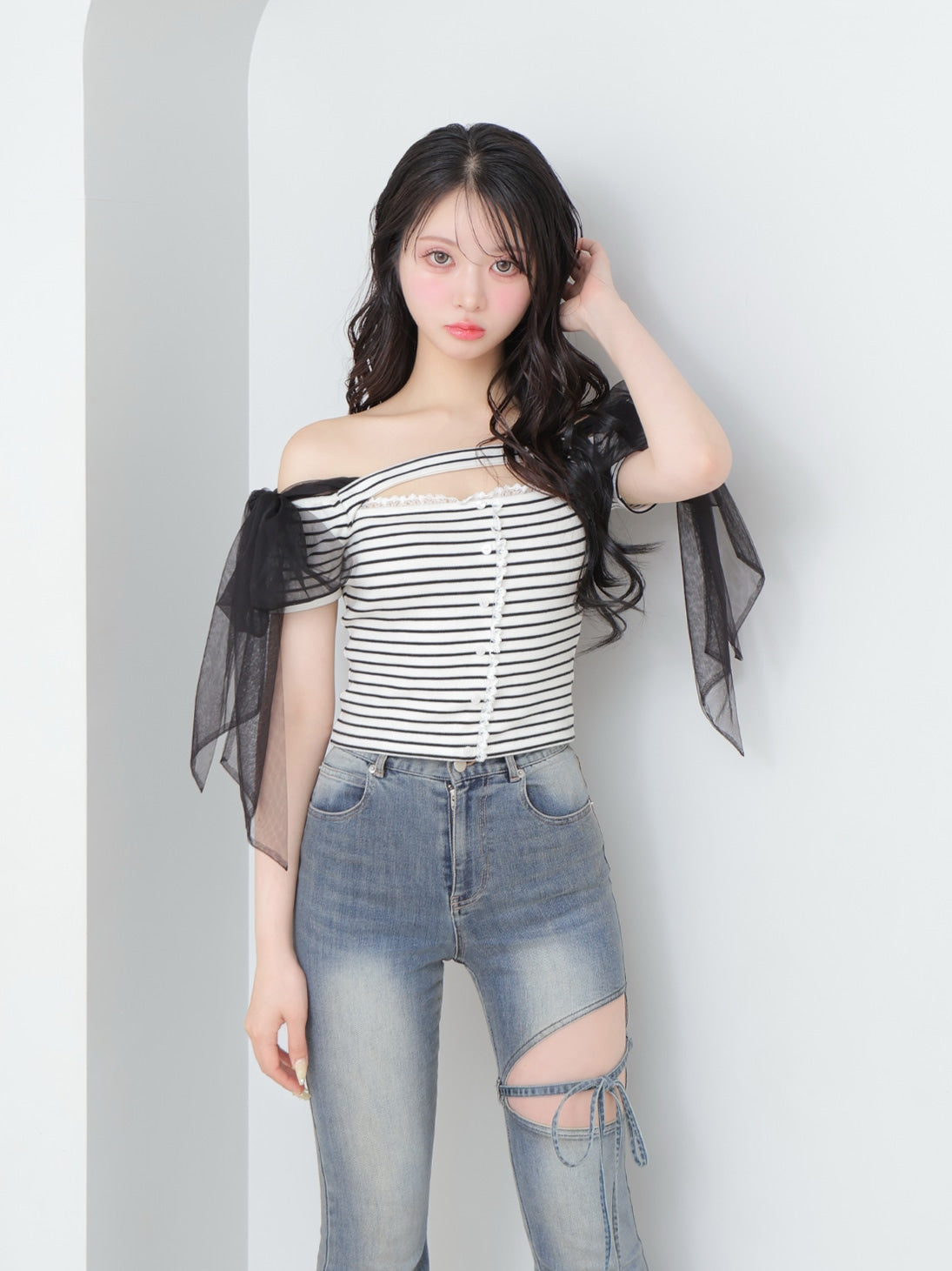 Ribbon bleach flare denim(eme10711)