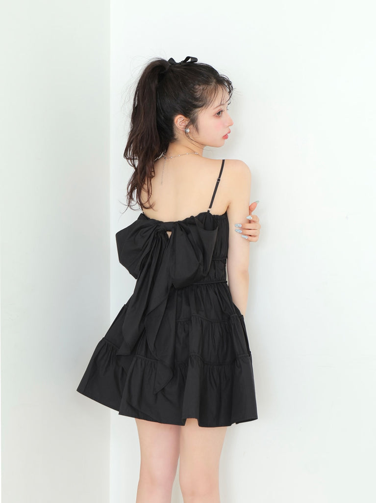 Back ribbon gather flare mini onepiece(eme10704)