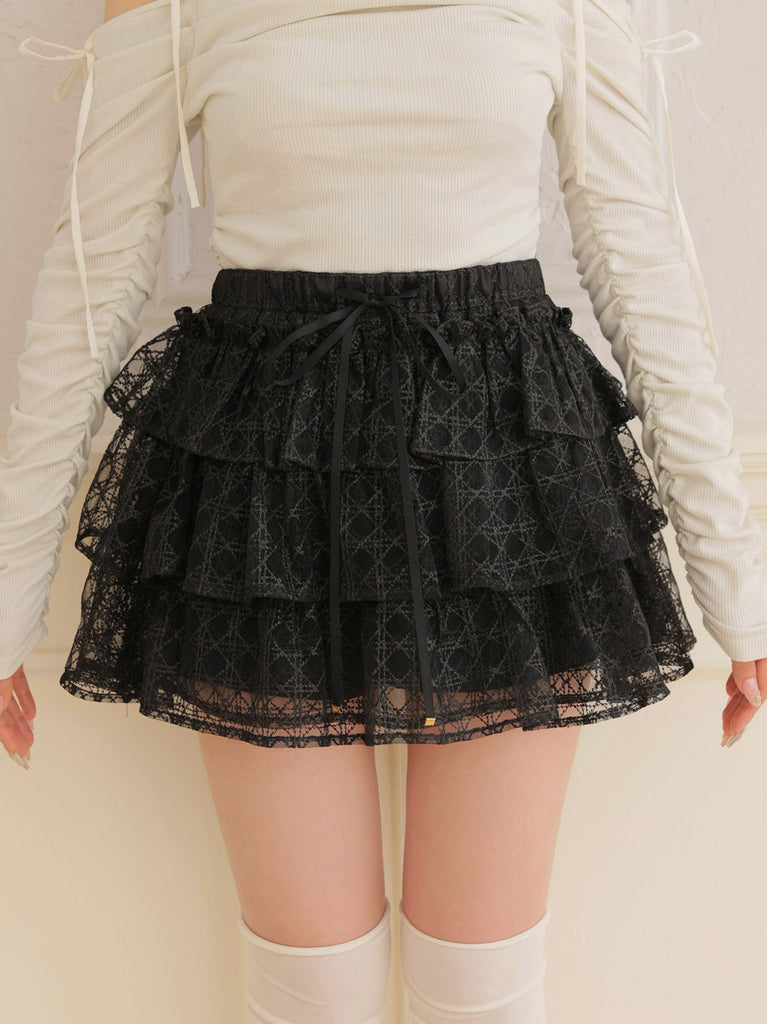 Check embroidery tiered mini skirt(eme10774)