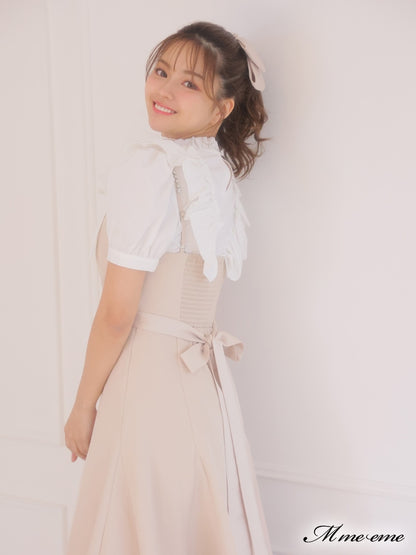 【SALE】Pearl ruffle bow tie blouse (eme10224)