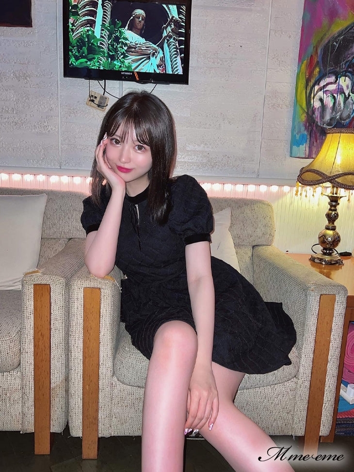 【SALE】 Black ribbon volume dress (eme10235)