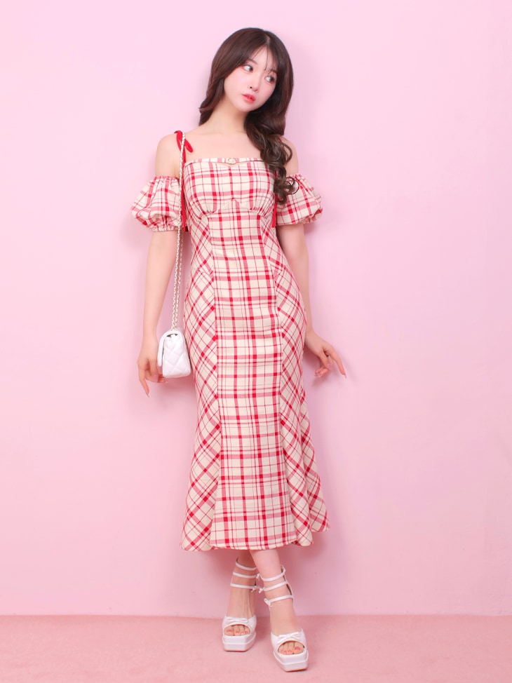 【SALE】2way check long mermaid dress (eme10514)