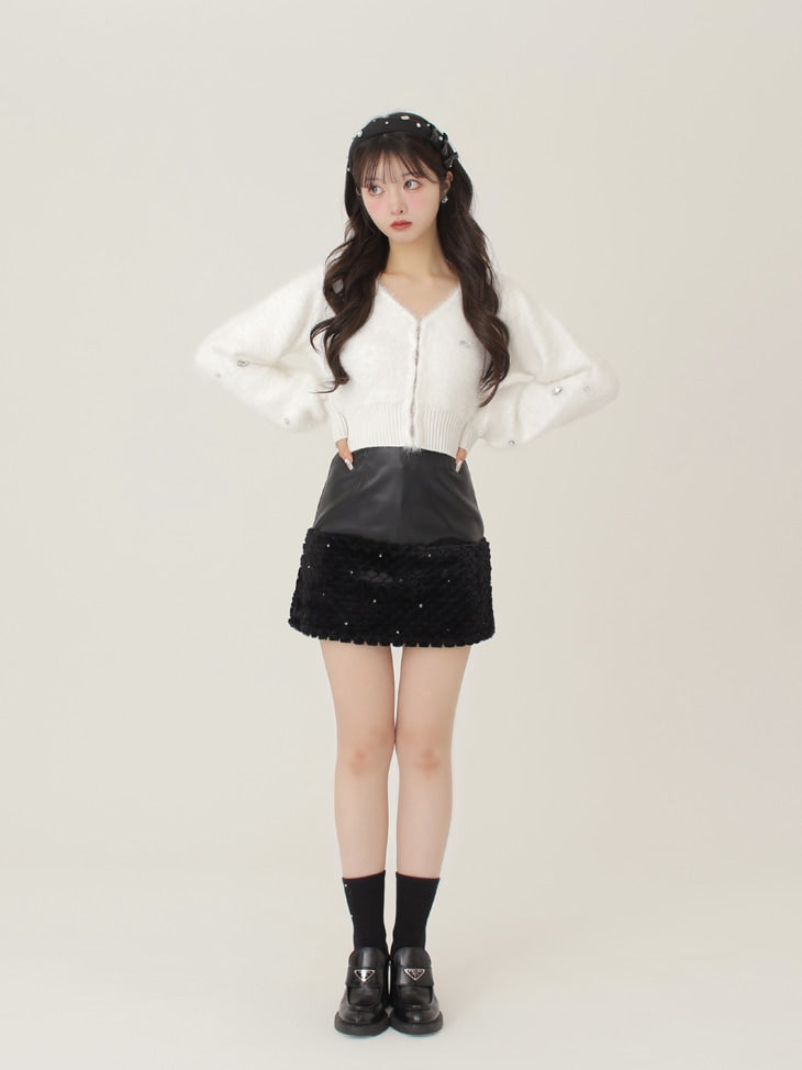 V neck shaggy knit cardigan(eme10360)