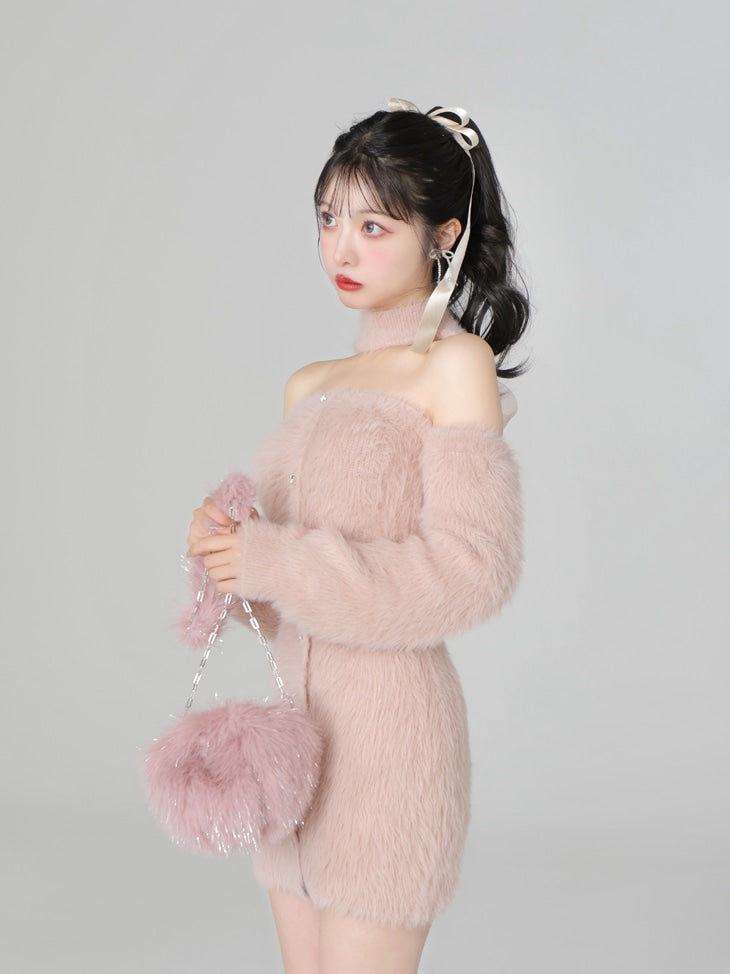 Back ribbon shaggy knit mini onepiece(eme10376)