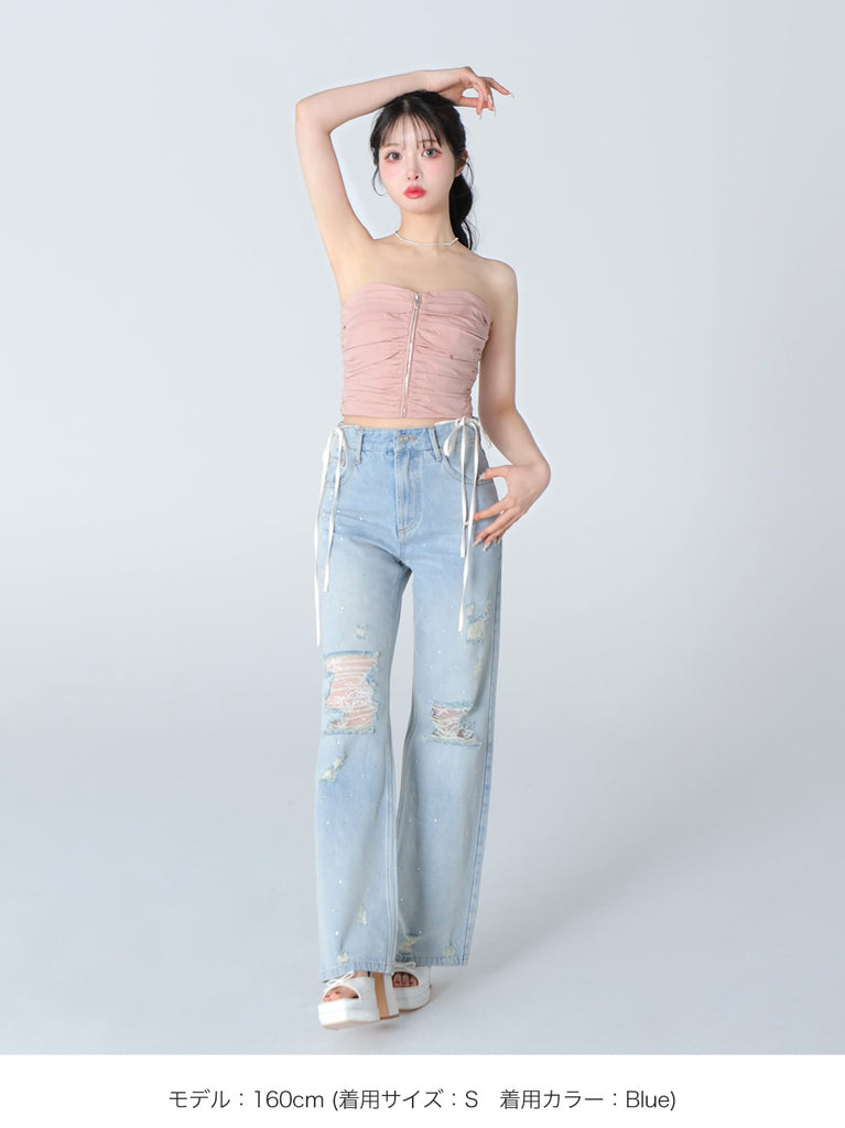 Side ribbon straight denim(eme10390)