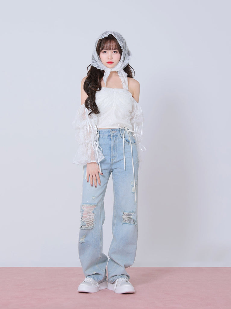 Candy sleeve lace tops(eme10708)