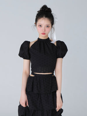 Cotton lace cut-out tops(eme10476)