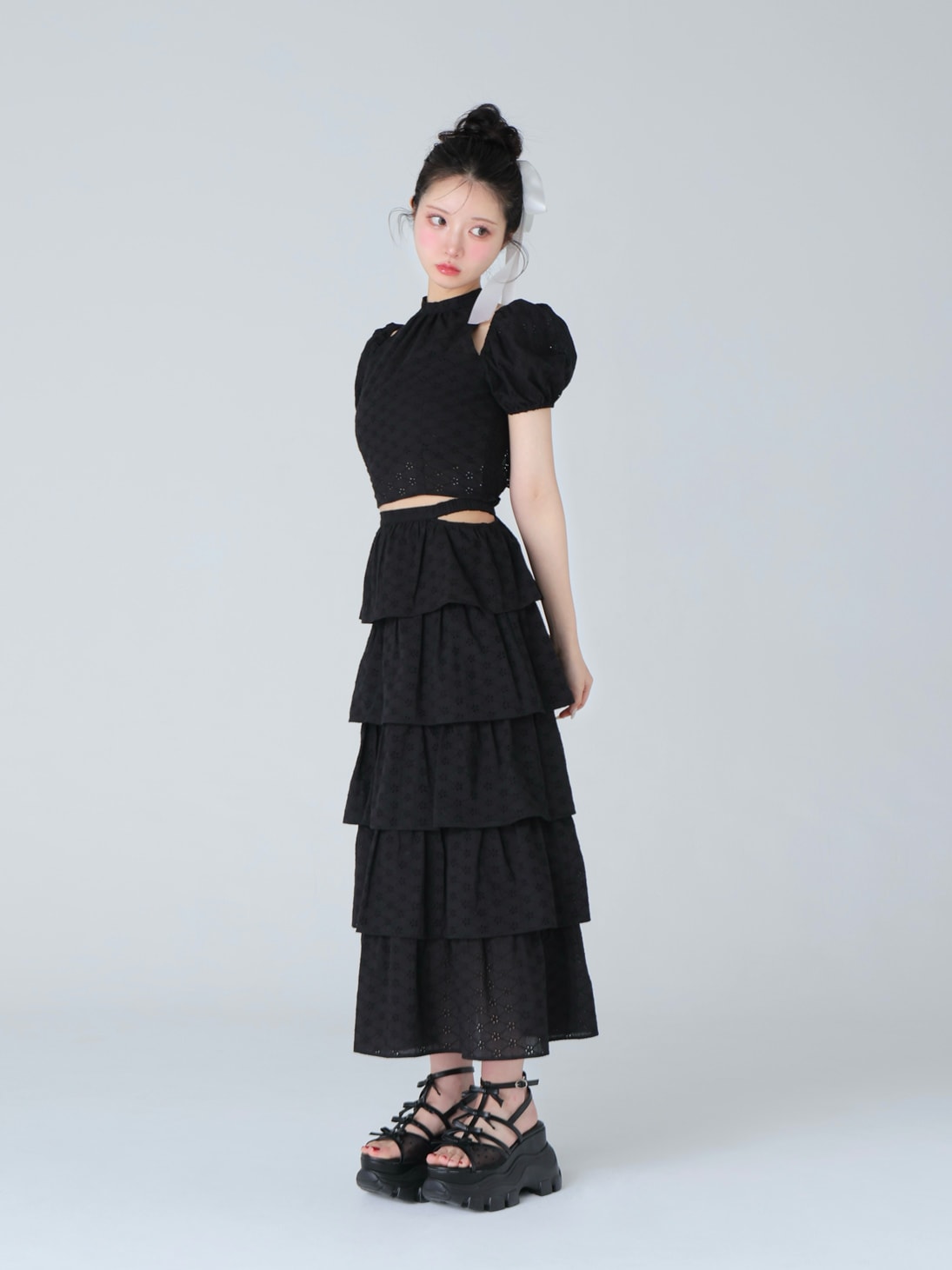 Cotton lace tiered long skirt(eme10477)