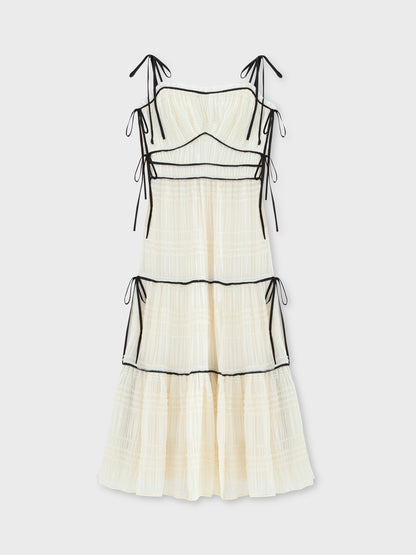 Side ribbon tiered chiffon long onepiece(eme10385)
