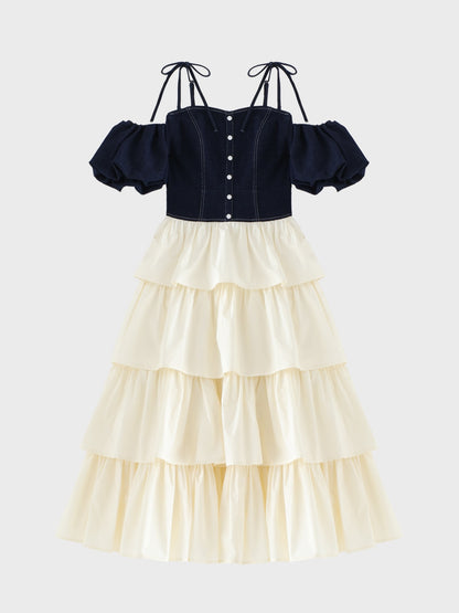denim docking tiered one piece(eme10389)