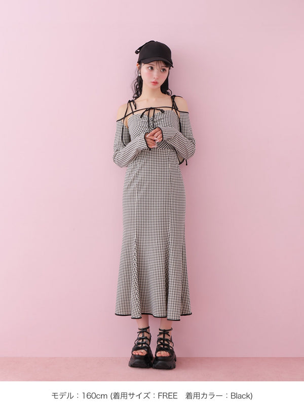 Gingham check ensemble long onepiece(eme10812)