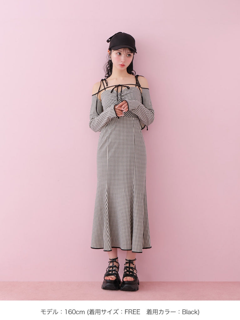 Gingham check ensemble long onepiece(eme10812)