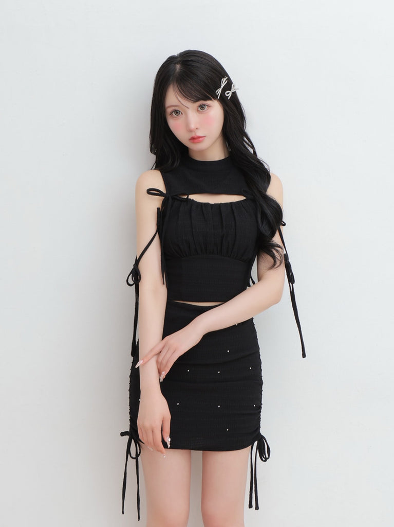 Cut out ribbon gather tops(eme10702)