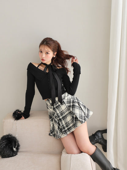 Decollete ribbon off shoulder knit tops(eme10371)