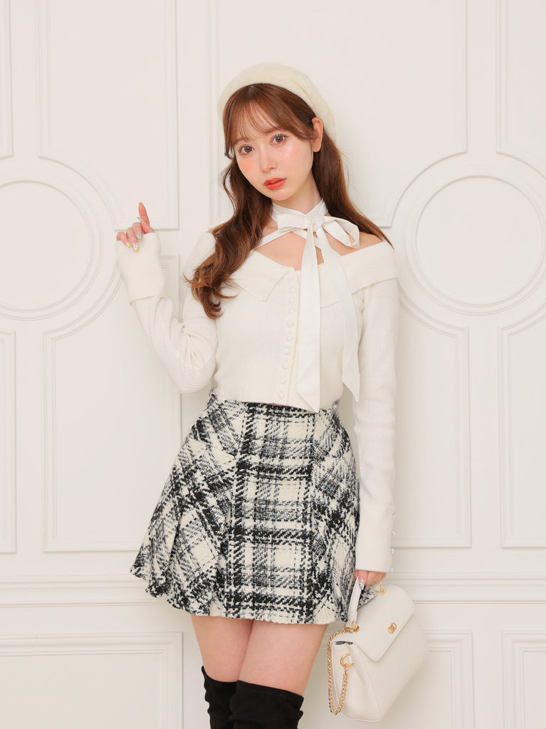Roving check box pleated skirt(eme10726)
