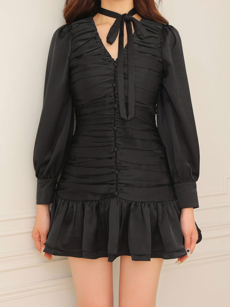 Gather ribbon blouse onepiece(eme10735)