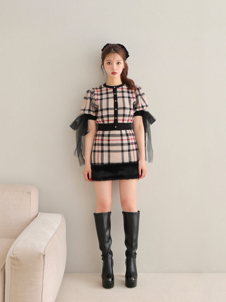 Royal tartan fur skirt(eme10778)