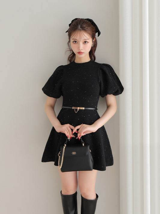 Sequin puff knit belt onepiece(eme10552)