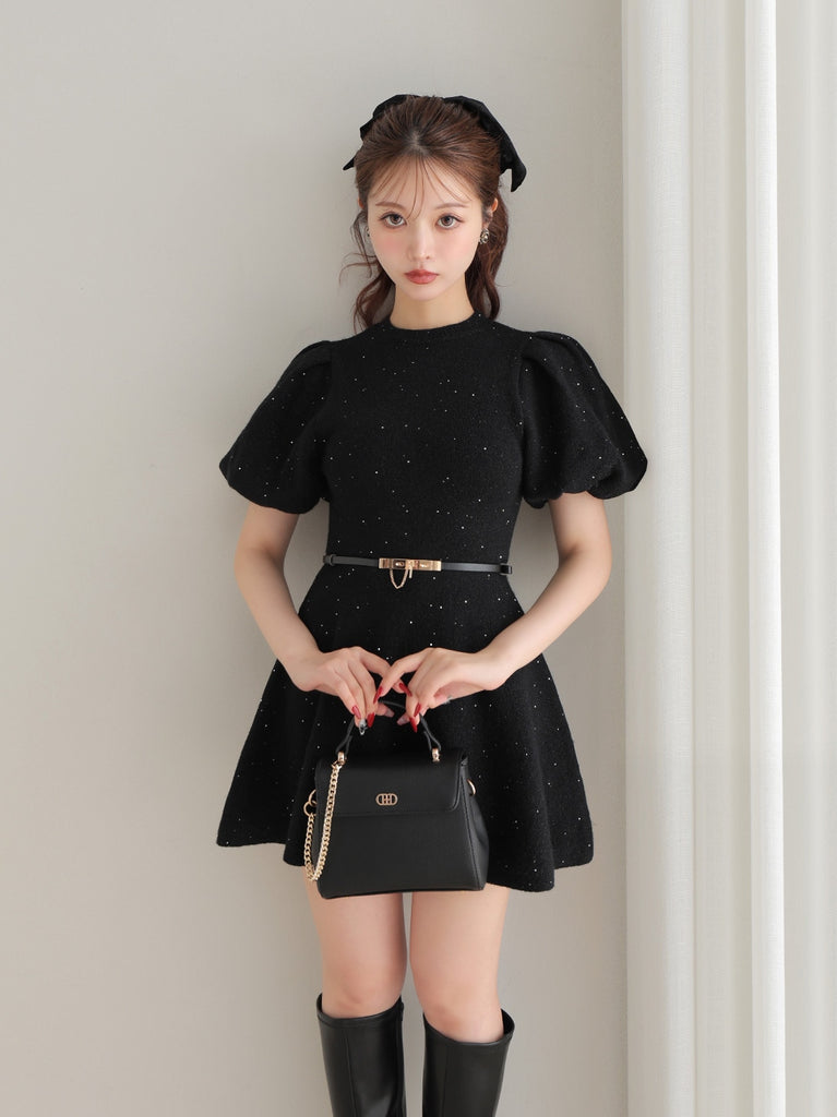 Sequin puff knit belt onepiece(eme10552)