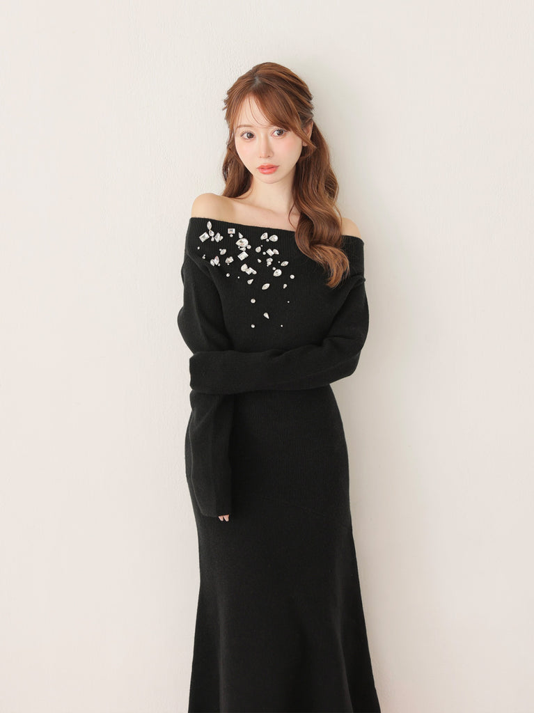 【Pre Order】Jewelry off the shoulder knit  onepiece(eme10734)