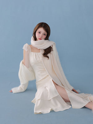 Lame shaggy knit ensemble satin onepiece(eme10557)