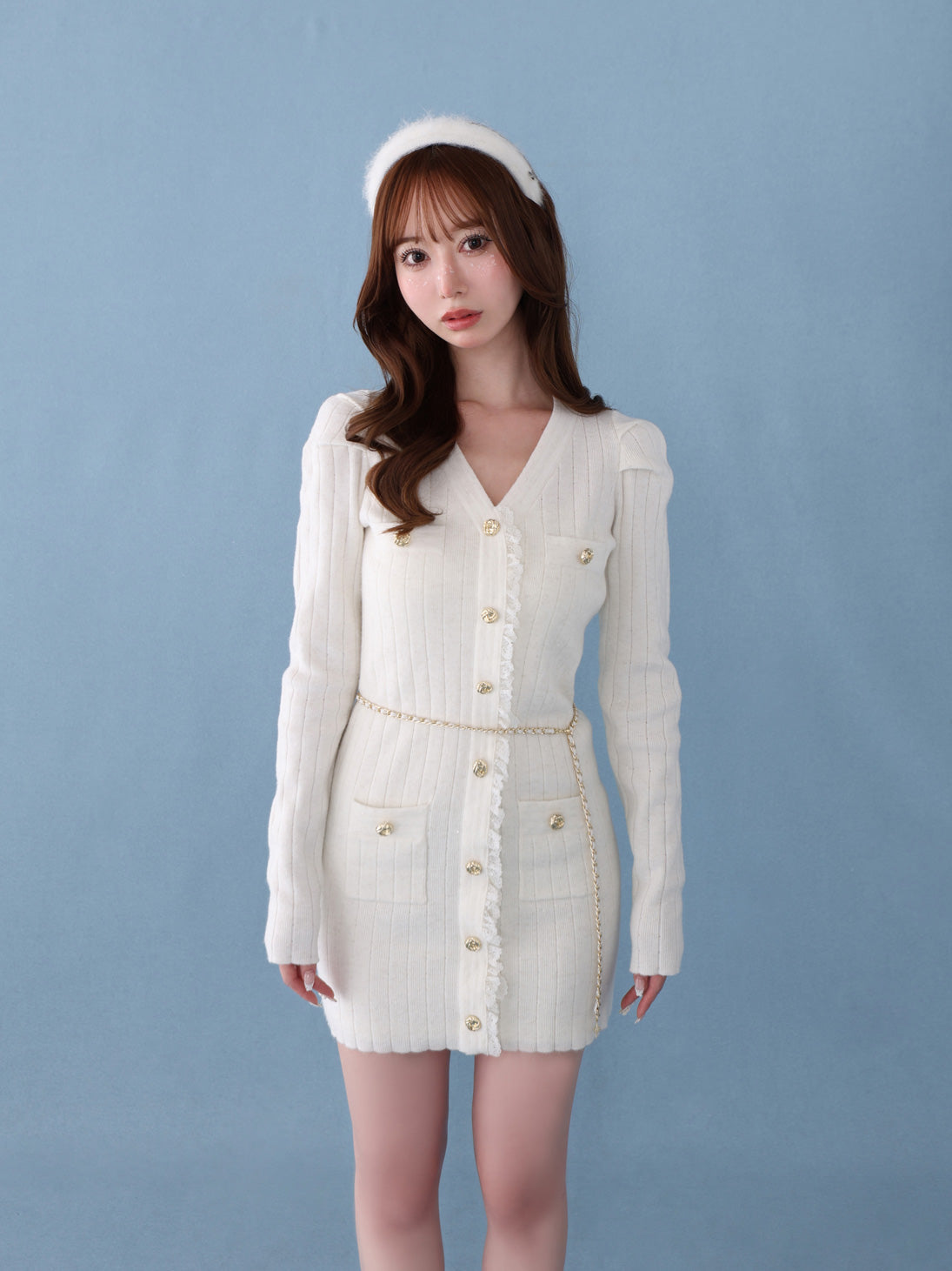 Lace trim wide rib knit mini onepiece(eme10785)