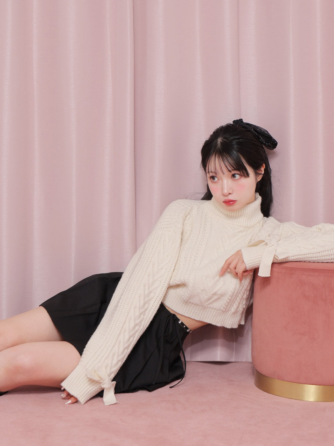 【SALE】Heart cable ribbon knit tops (eme10249)