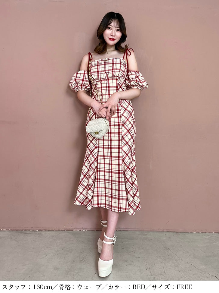 【SALE】2way check long mermaid dress (eme10514)