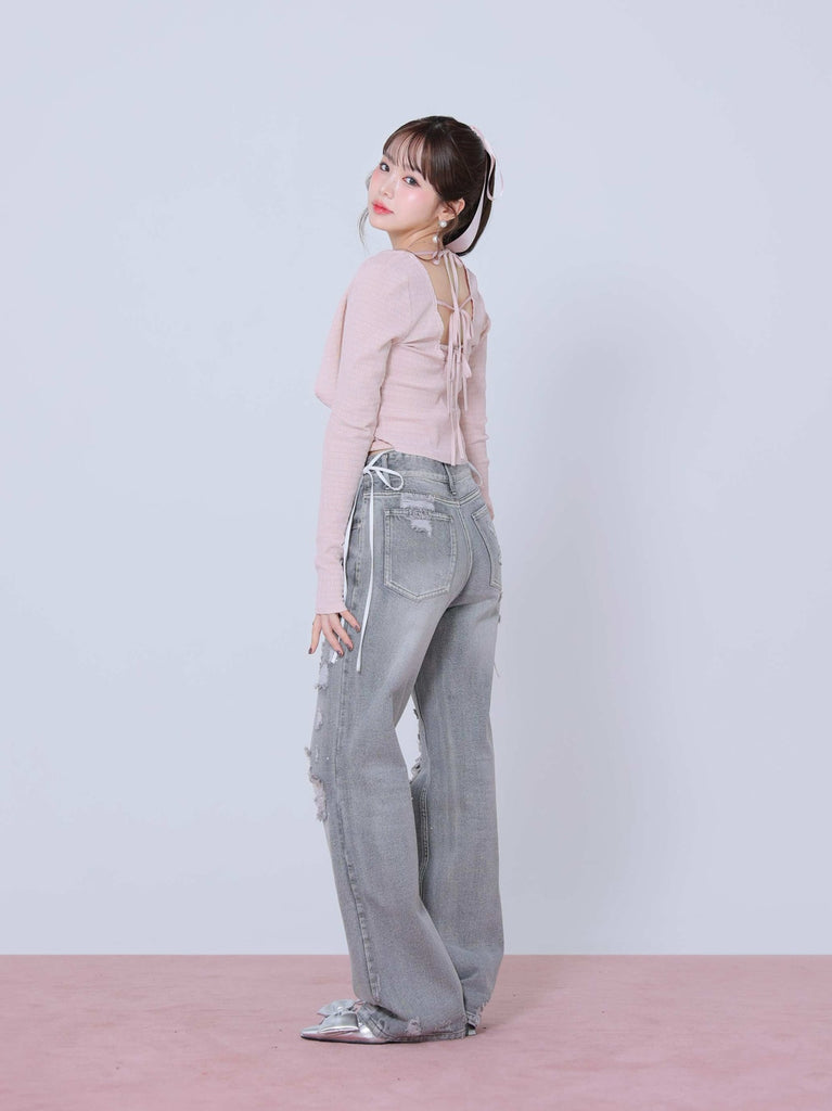 Back ribbon bear ensemble tops(eme10381)