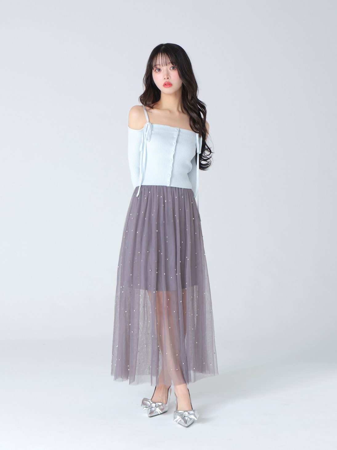 Off shoulder ribbon knit tops(eme10397)
