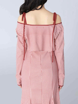 Gingham check ensemble long onepiece(eme10812)