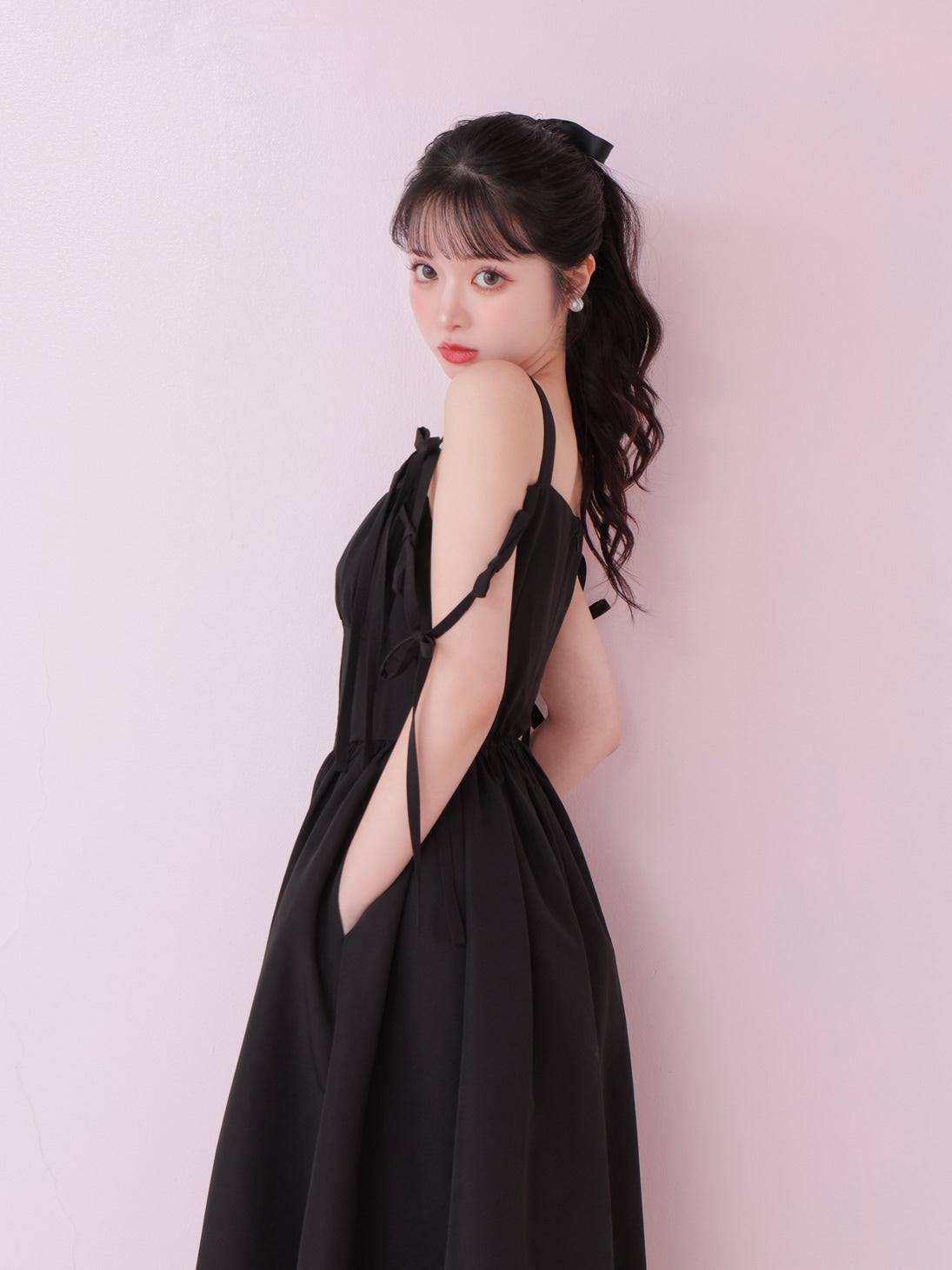 Ribbon gather flare long onepiece(eme10713)