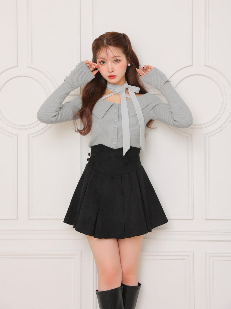 Decollete ribbon off shoulder knit tops(eme10371)