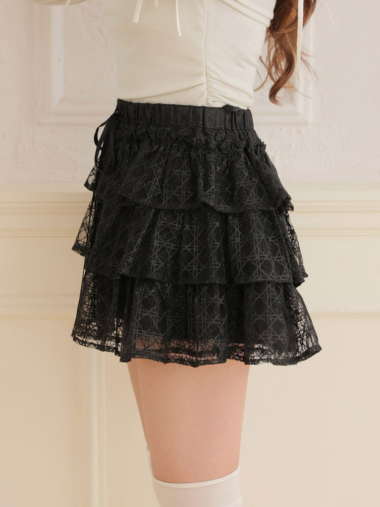 Check embroidery tiered mini skirt(eme10774)