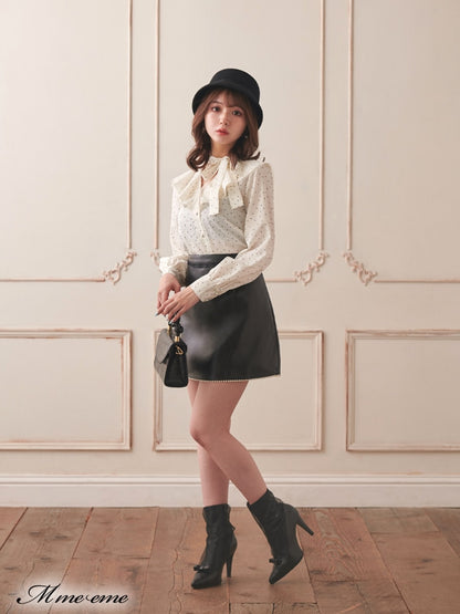 【SALE】Dot flocky ruffle ribbon blouse (eme10228)