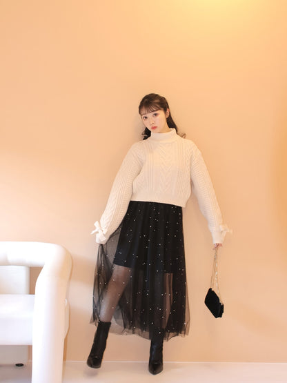 【SALE】Heart cable ribbon knit tops (eme10249)