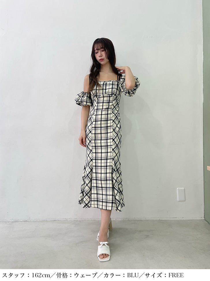【SALE】2way check long mermaid dress (eme10514)