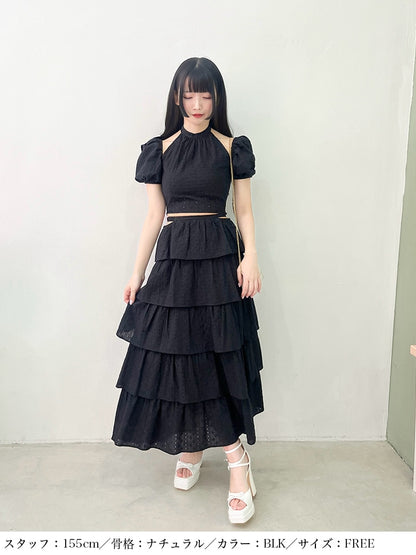 【SALE】Cotton lace tiered long skirt (eme10438)