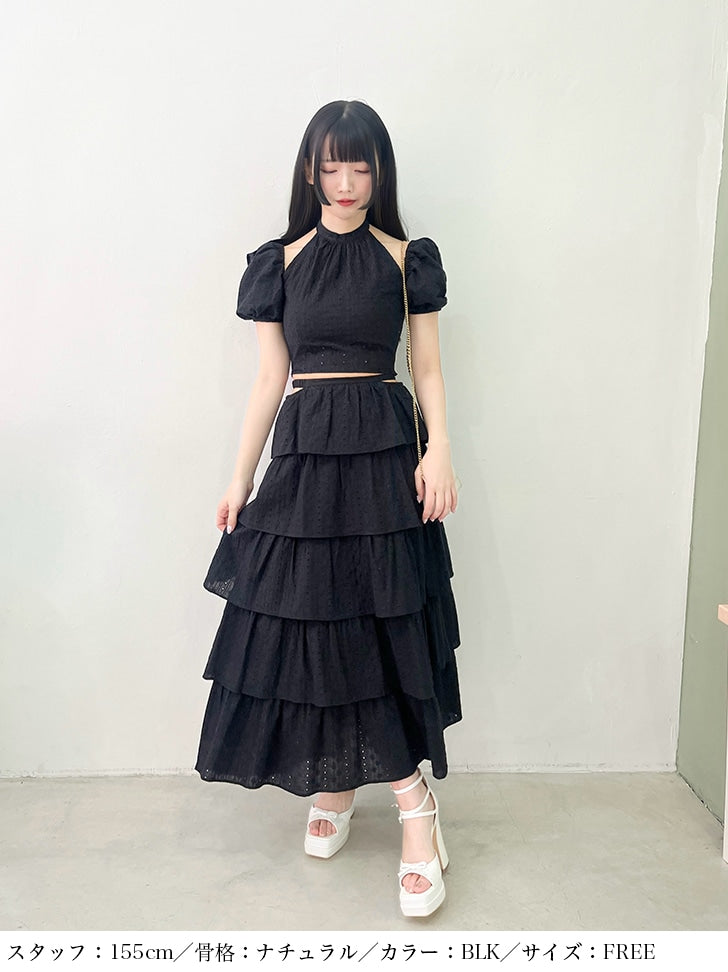 【SALE】Cotton lace tiered long skirt (eme10438)