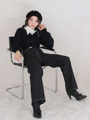 V neck shaggy knit cardigan(eme10360)