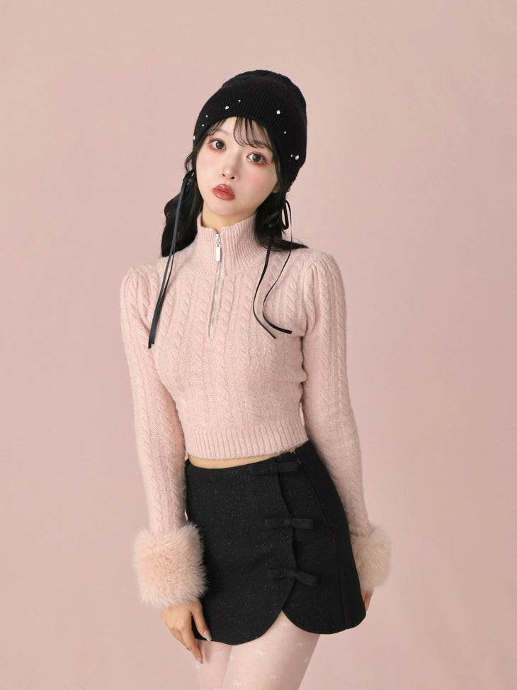 Fake fur cable knit tops(eme10451)