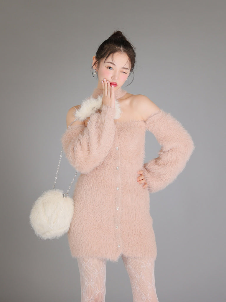 Back ribbon shaggy knit mini onepiece(eme10376)