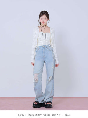 Side ribbon straight denim(eme10390)