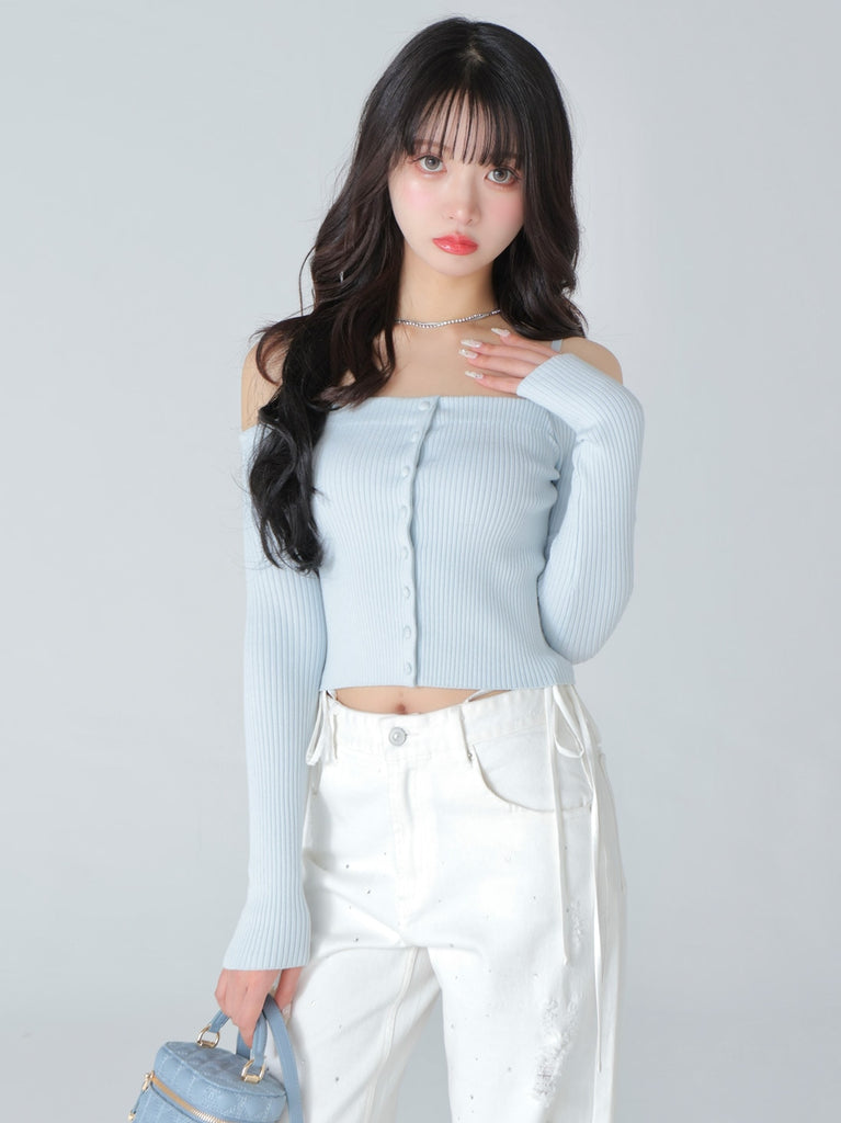 Off shoulder ribbon knit tops(eme10397)