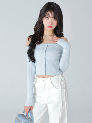 Off shoulder ribbon knit tops(eme10397)